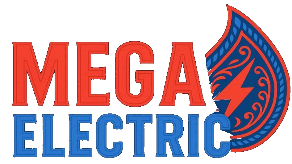 "Mega Electric" logo: red text "MEGA" above blue text "ELECTRIC"; right, a stylized blue teardrop with red lightning bolt.