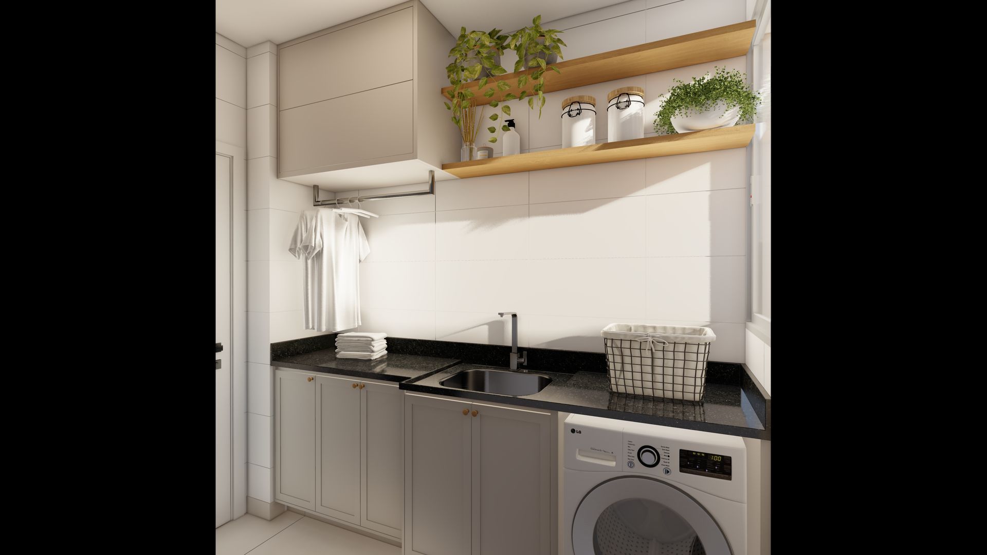 Uma lavanderia com lavadora e secadora e pia.