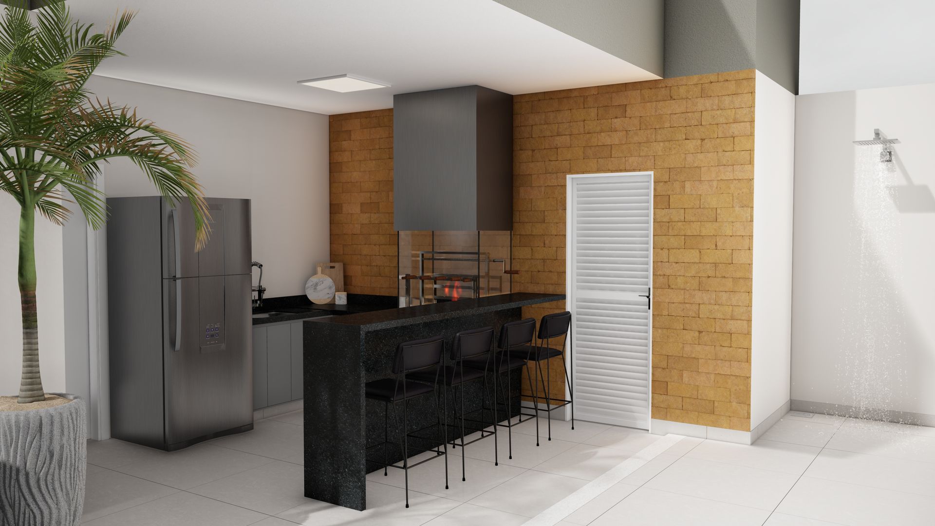 Uma imagem gerada por computador de uma cozinha com uma geladeira e um bar.