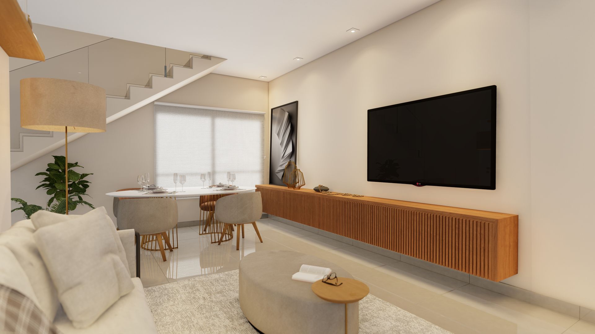 Uma sala de estar com sofá, mesa, cadeiras e TV de tela plana.