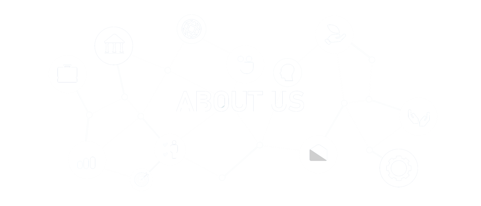 This image is text that says about us with graphics connecting different digital services together.