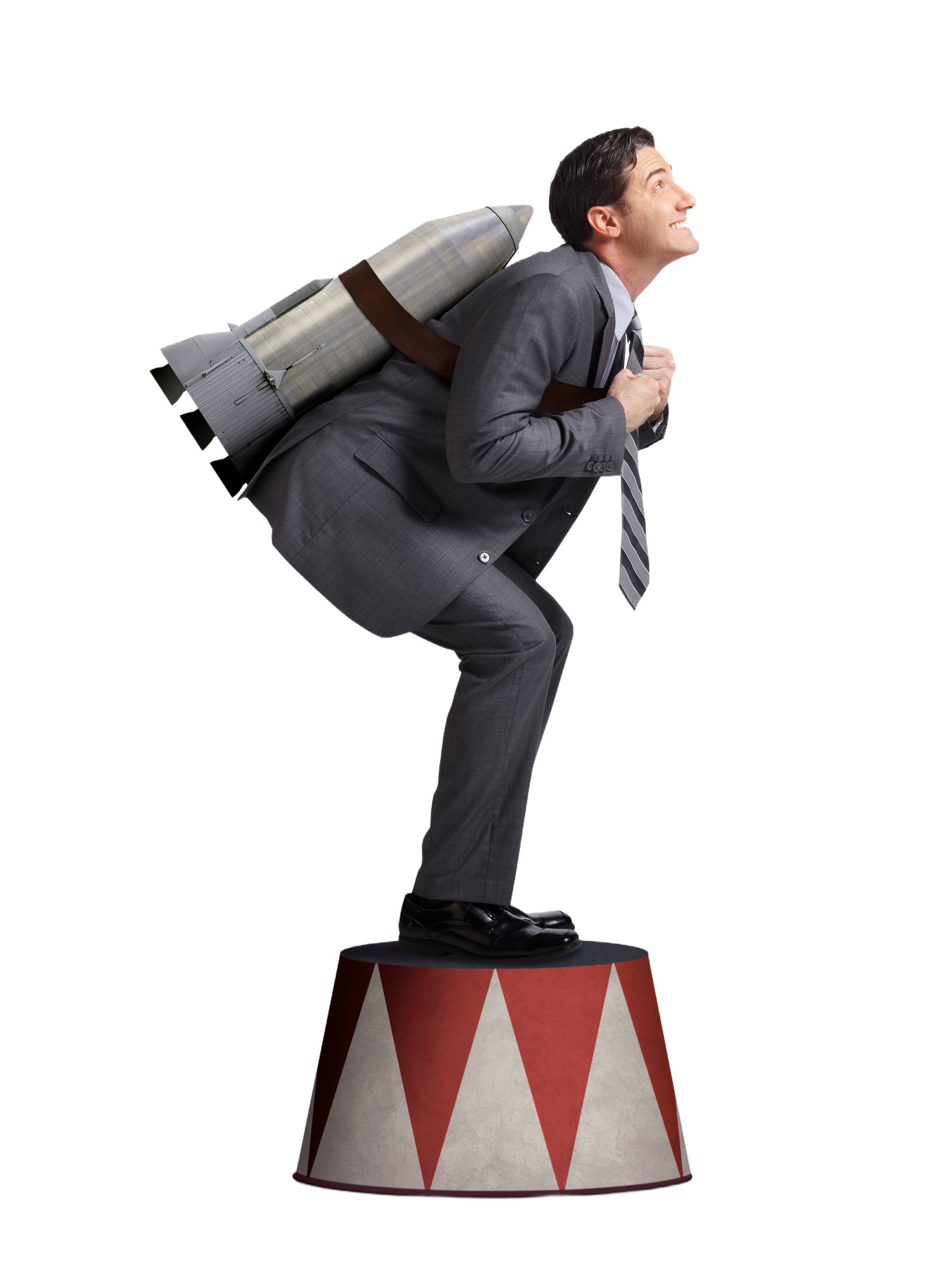 This is an image of a man squatted down with a rocket strapped to his back. ConsultSmart LLC SEO can skyrocket your website.