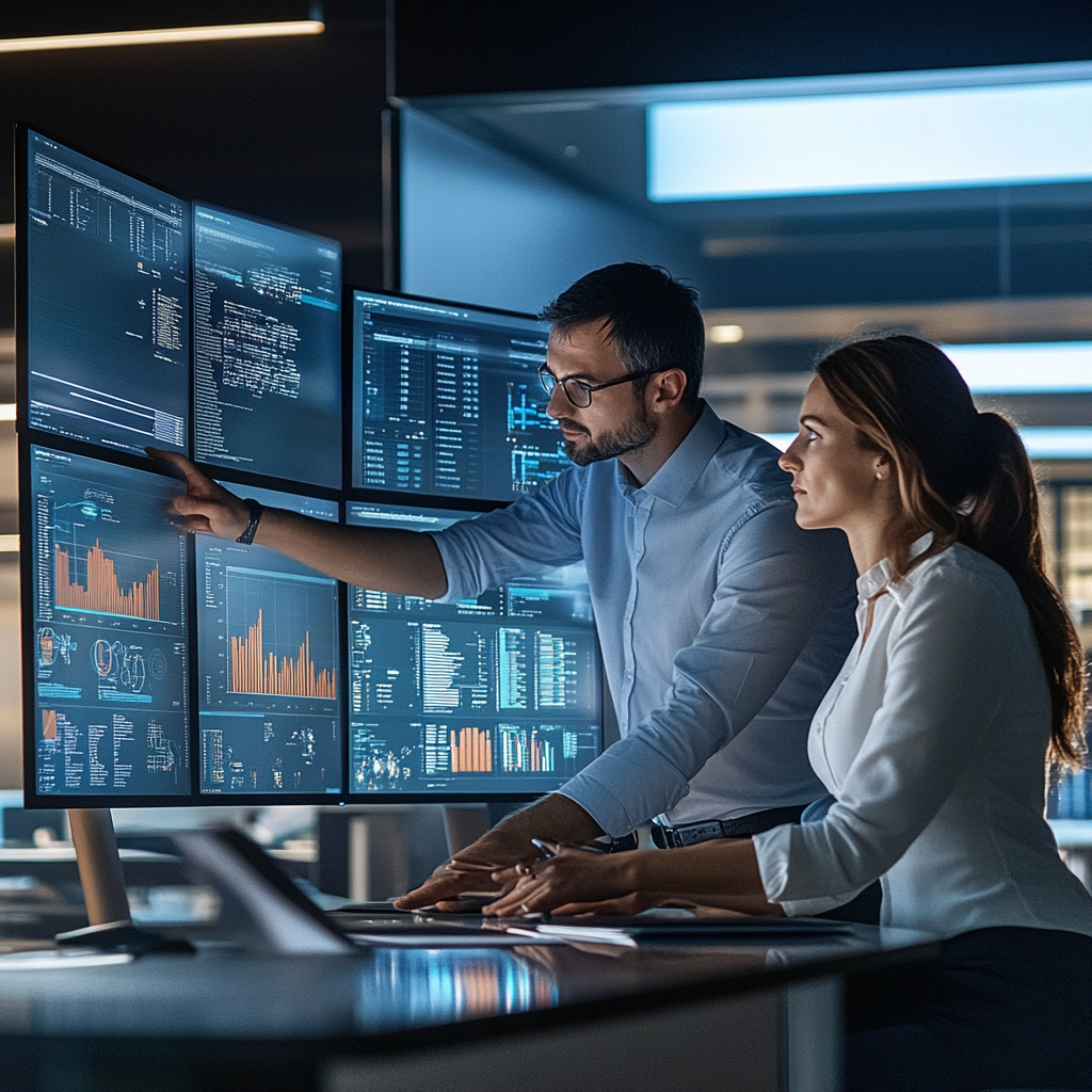 A man and a woman are looking at a computer screen.