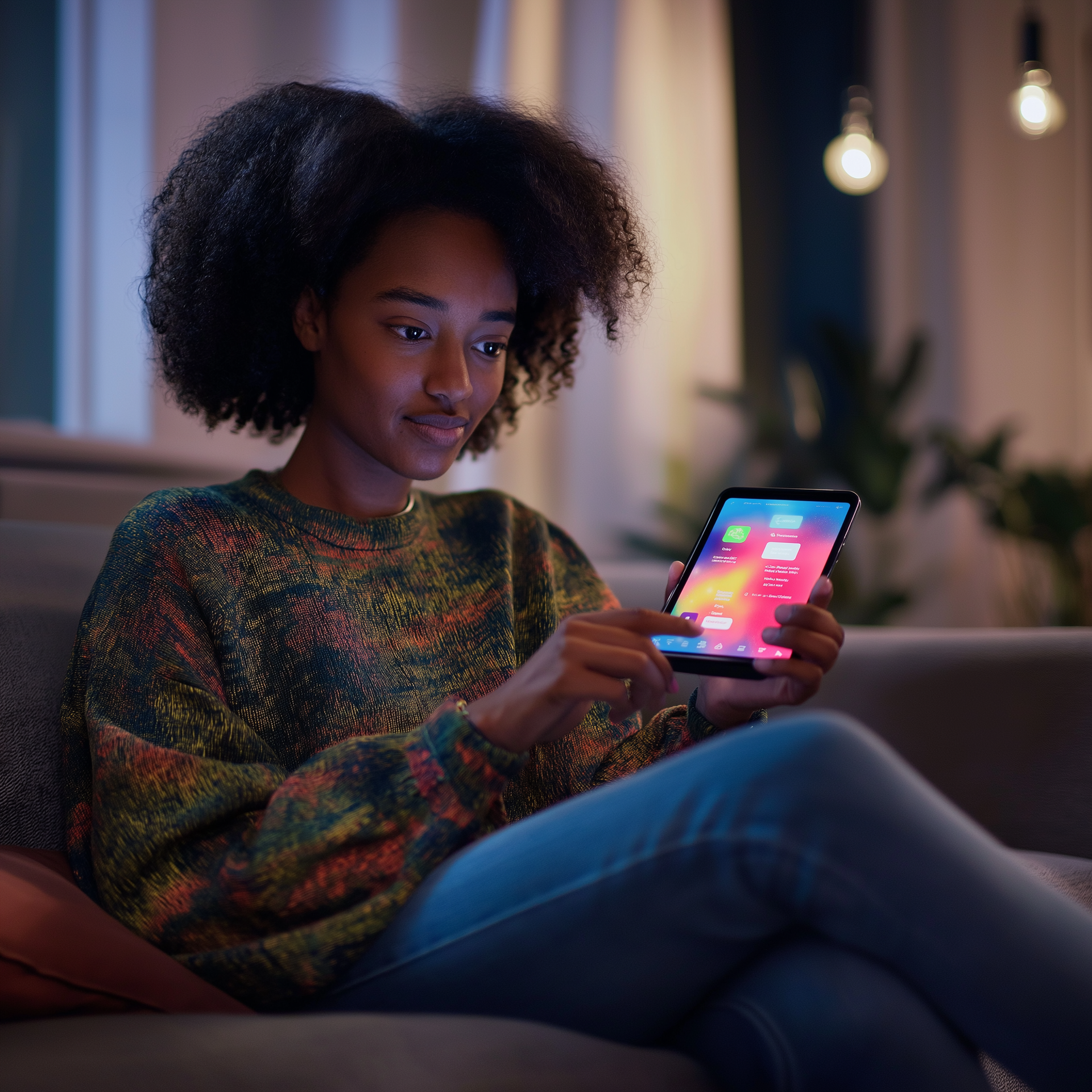 A woman is sitting on a couch using a cell phone.