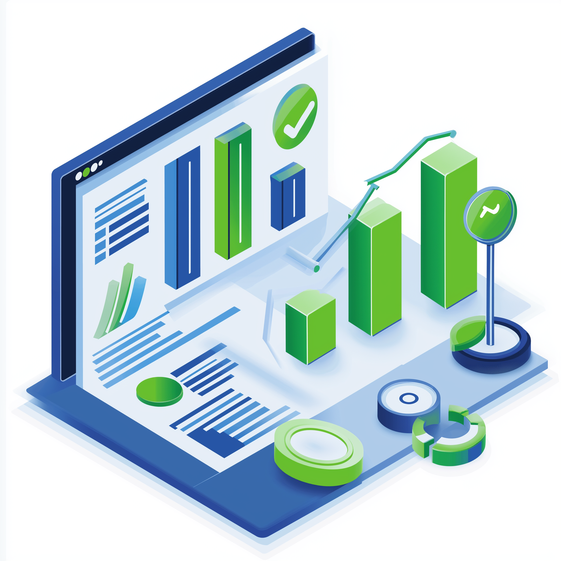 An isometric illustration of a computer screen with graphs and charts on it.