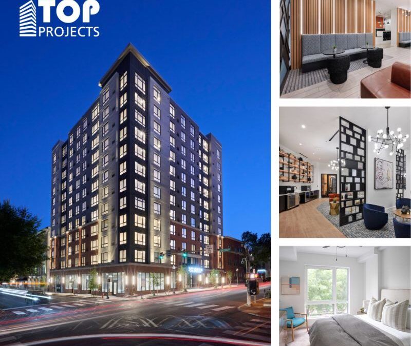 A tall apartment building at dusk with inset photos of a lobby, lounge, and bedroom interior.