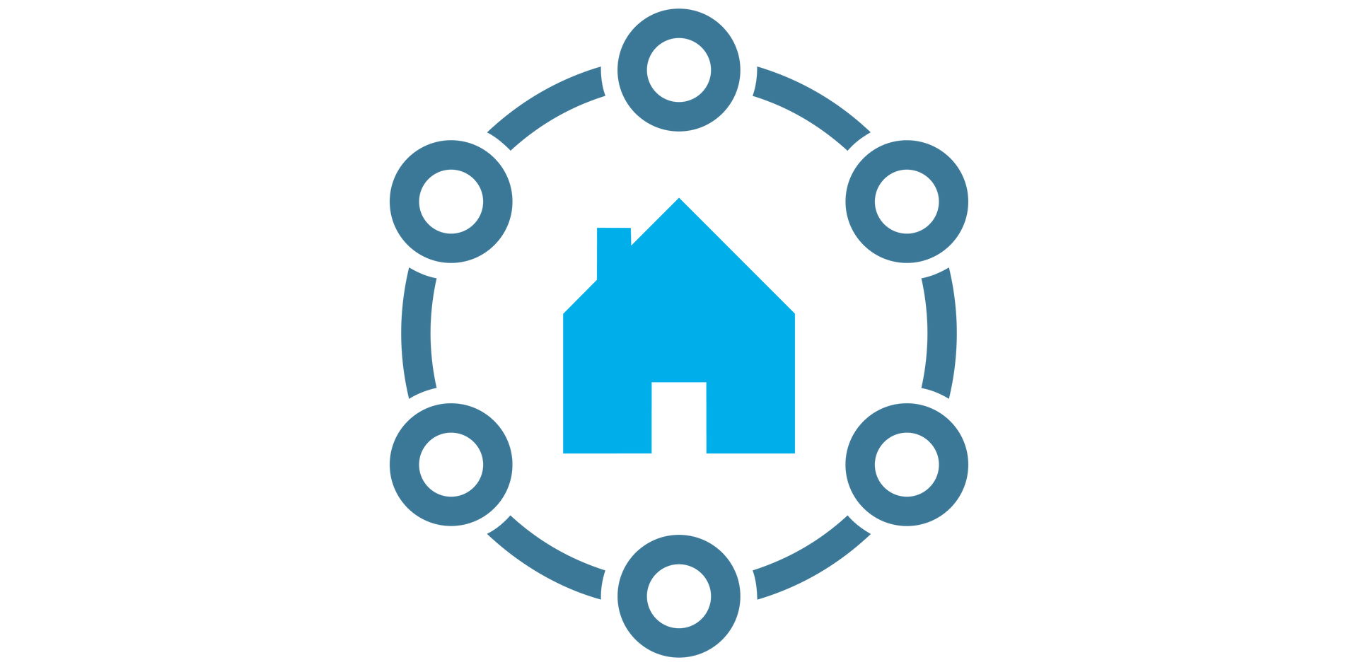 Three stylized houses, one blue in the center, flanked by two gray houses.