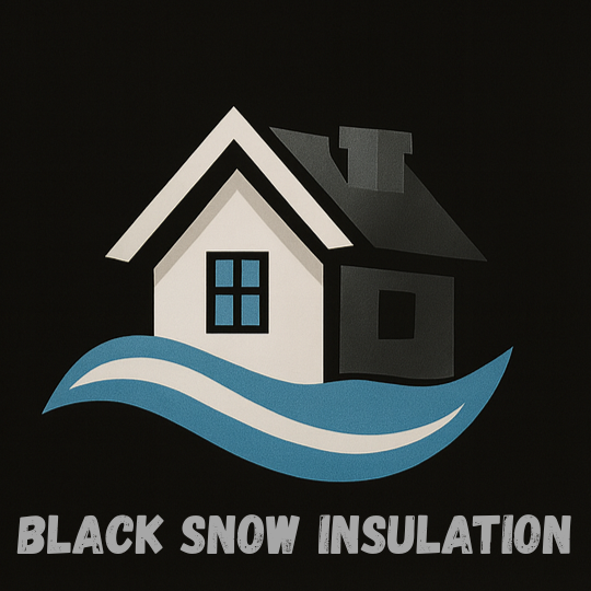 Logo: House above stylized blue waves, text "Black Snow Insulation."