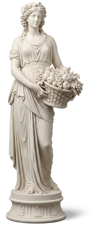 A white marble statue of a woman holding a basket of fruit, she is wearing a flower crown.