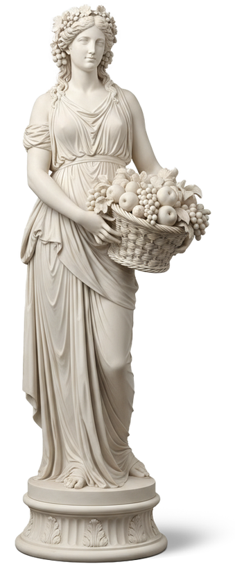 A white marble statue of a woman holding a basket of fruit, she is wearing a flower crown.