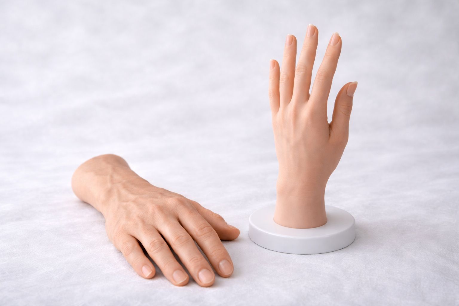 永純美觀手 Cosmetic Prosthetics：高仿真視覺展示，呈現具有細緻皮膚紋理、青筋血管與指甲細節的矽膠手部義肢，極具真實感。