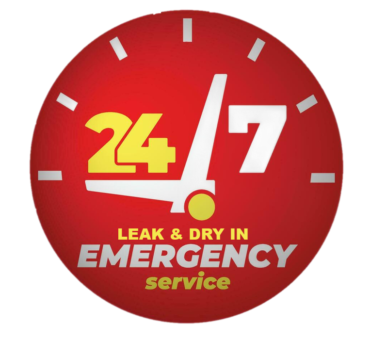 Red clock face with 24/7, Leak & Dry, and Emergency Service text.