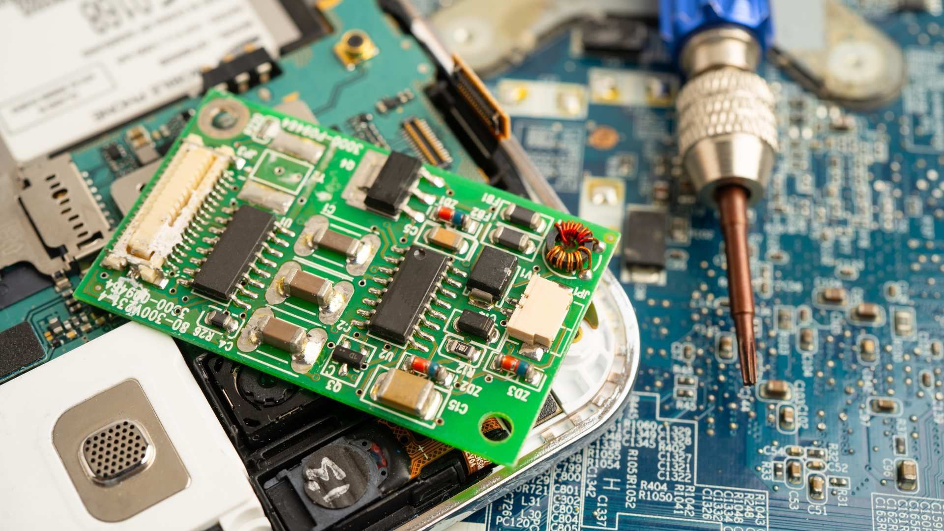 Close-up of a green circuit board with electronic components and tools on a blue motherboard surface