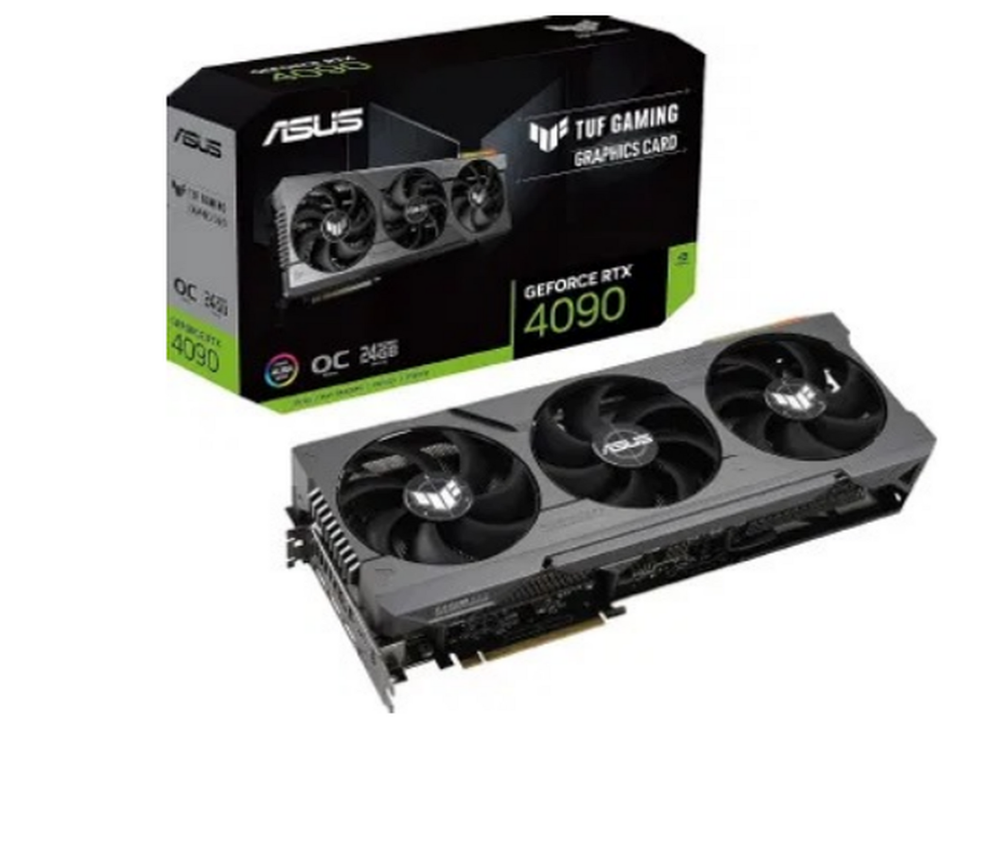 ASUS TUF Gaming GeForce RTX 4090 graphics card with retail box, black and green packaging