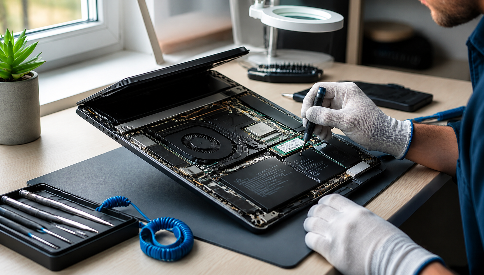 Technician repairing a laptop motherboard on a workbench with tools and gloves