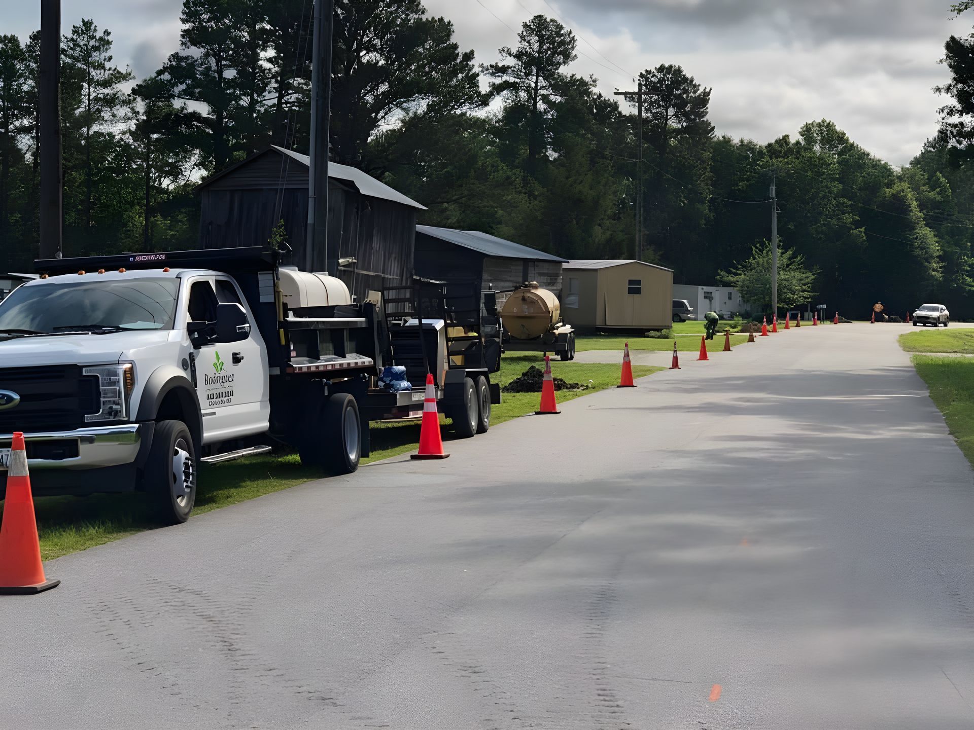 Line of parked utility trucks and orange cones beside a road near a wooded area