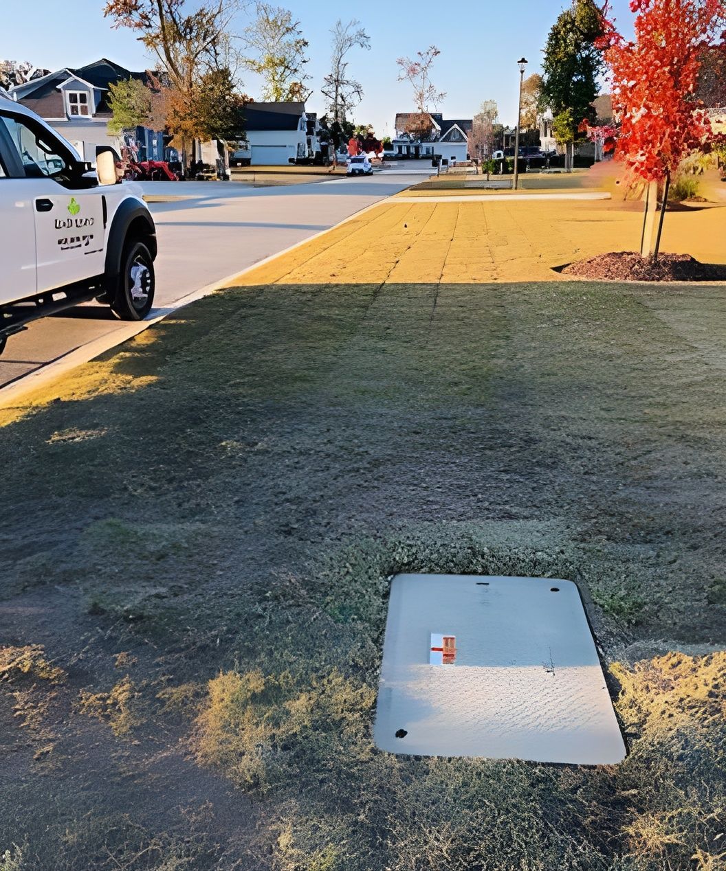 Sidewalk utility cover beside a street and parked truck, with a yellow curb ramp and autumn trees.