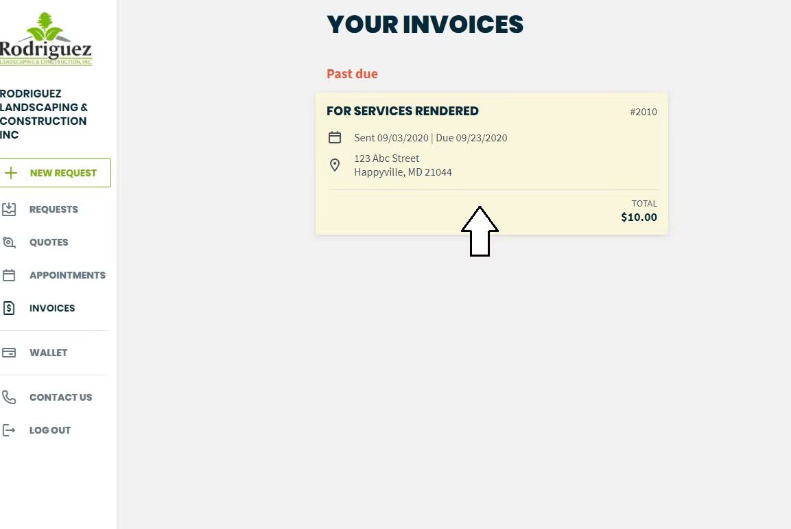 Invoices page showing a highlighted invoice card with a large cursor arrow pointing at it.