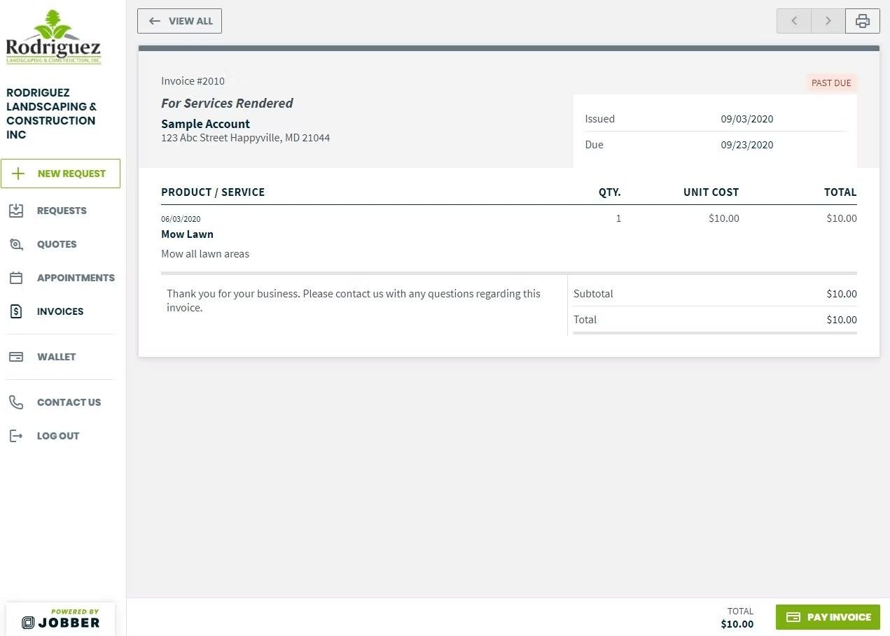 RADZEN web admin dashboard showing a white invoice/order details page with left sidebar navigation and green action button