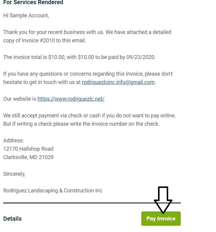 Email invoice notice with green “Pay Invoice” button highlighted at the bottom right.