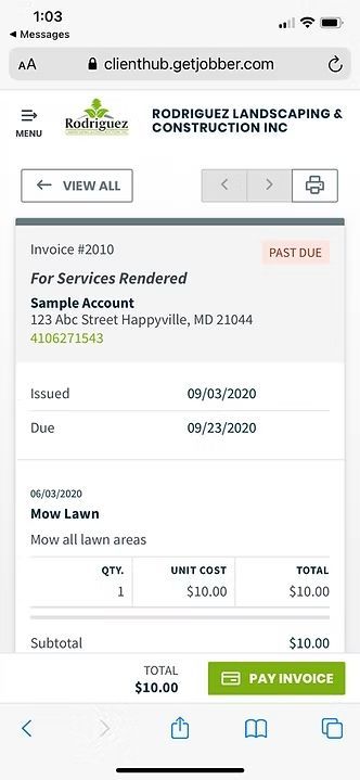 Mobile invoice page for landscape maintenance, showing invoice details, amount due, and a green Pay Invoice button.