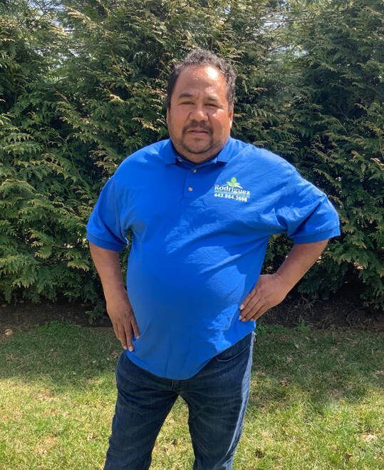 Man standing on grass in a blue polo shirt, posing in front of tall green bushes.