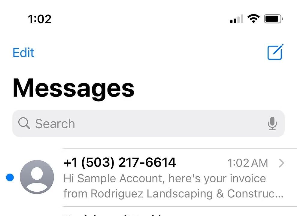 IPhone Messages inbox with a text from +1 (503) 217-6614 about a Hi Sample Account invoice
