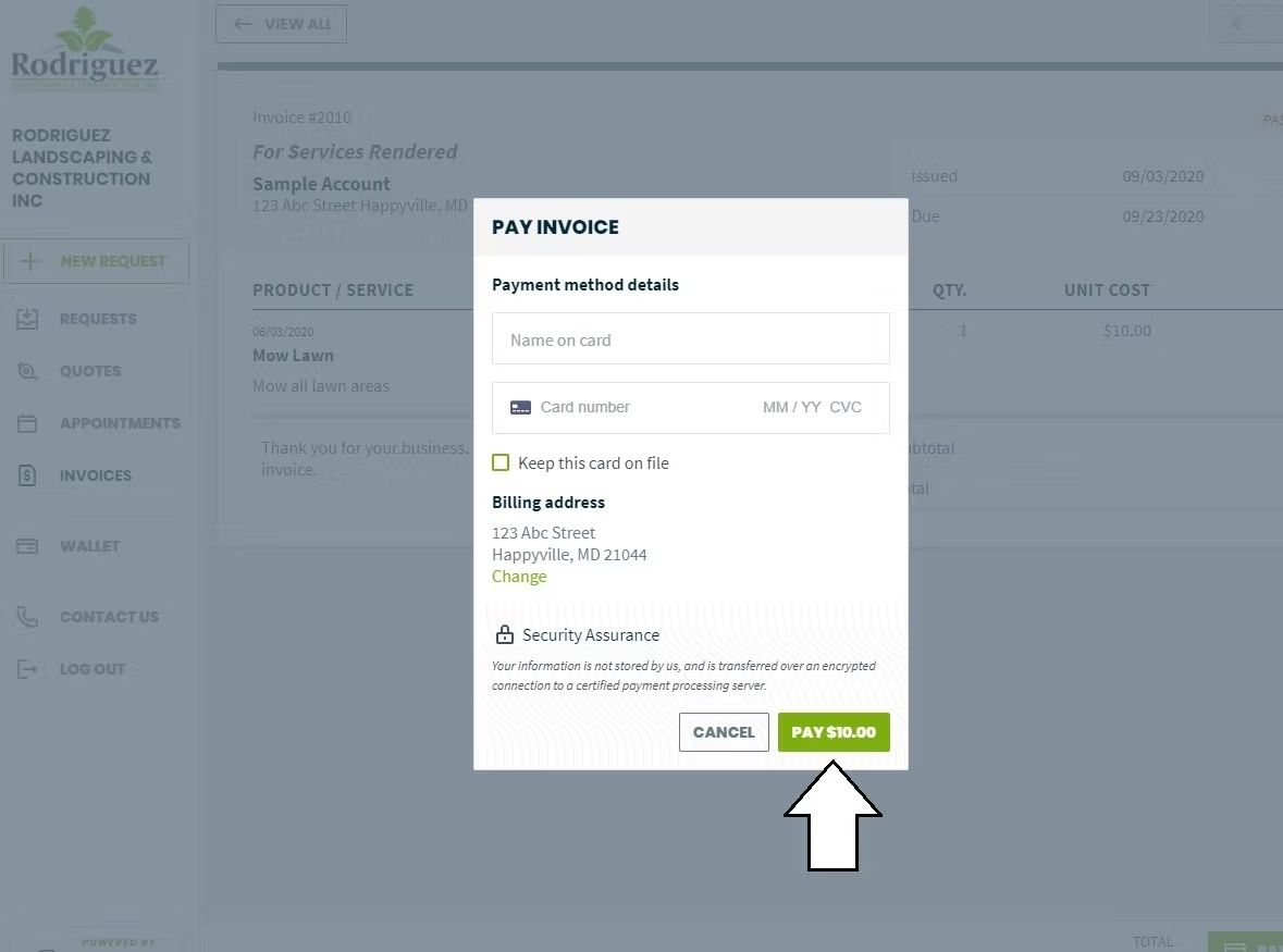 Checkout popup with payment details and green “Continue” button highlighted by arrow