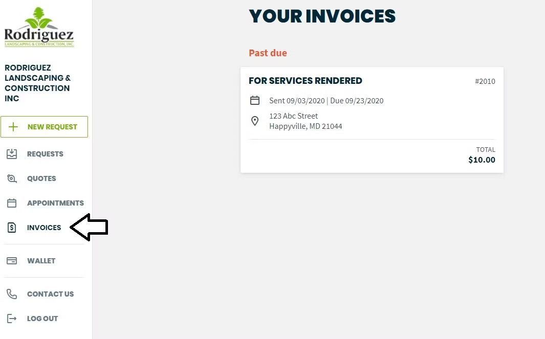 Dashboard screen showing “YOUR INVOICES” with a left sidebar menu and an arrow pointing to the invoices section.