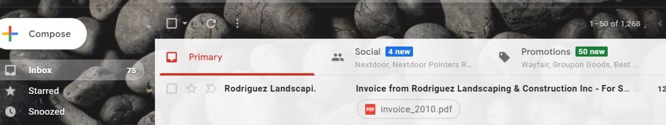 Email inbox screen showing a left sidebar, message list, and search bar with one email highlighted.