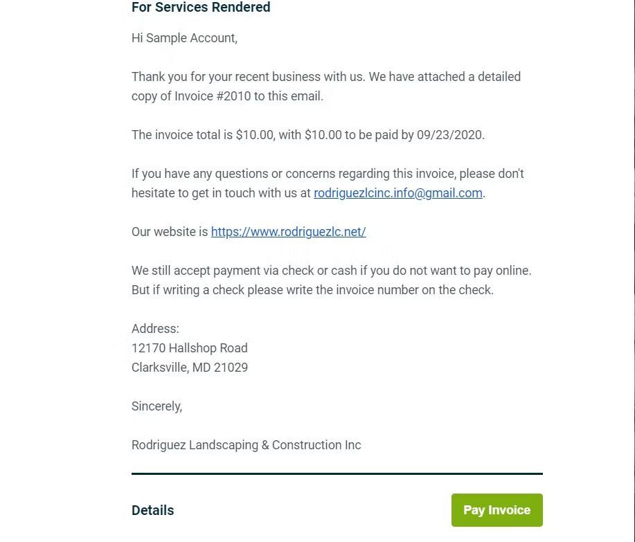 Invoice email asking for payment, with a green 