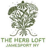 The Herb Loft Jamesport NY logo, bunched medicinal herbs echinacea, yarrow, lavender, dandelion, purple cone flower
