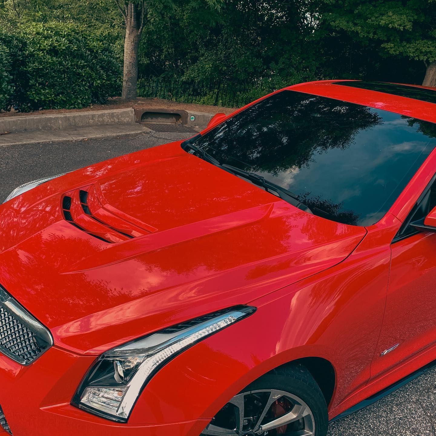 A bright red Cadillac sedan parked on a paved road next to green trees.