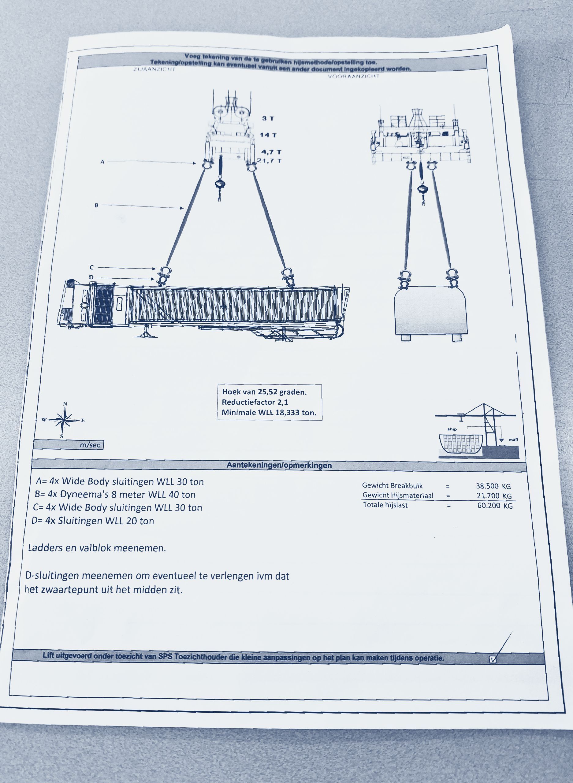Diagram of a lifting mechanism with cables attached to a rectangular object; two views are shown. P&I and maritime parties support and heavy lift