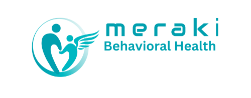 A logo for meraki behavioral health with a heart and wings.