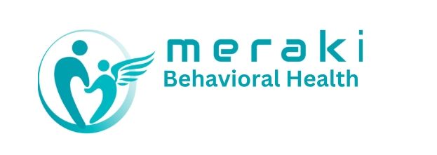 A logo for meraki behavioral health with a heart and wings.