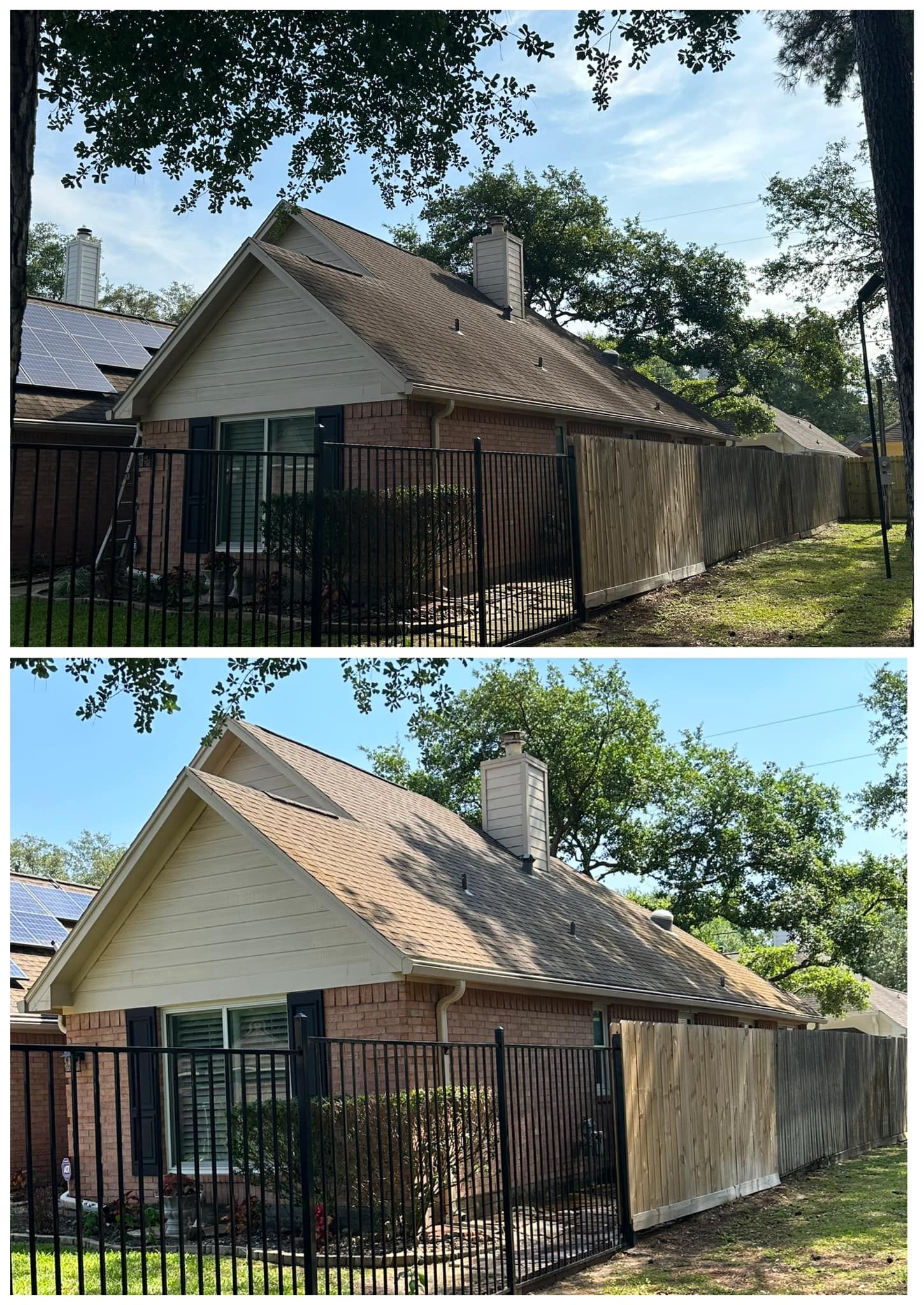 A before and after picture of a house with a fence.