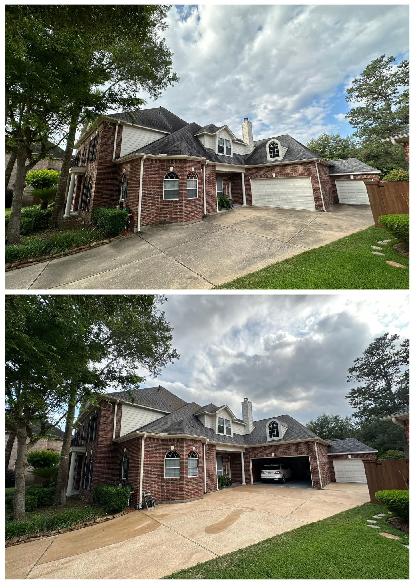 A before and after picture of a house with a roof.