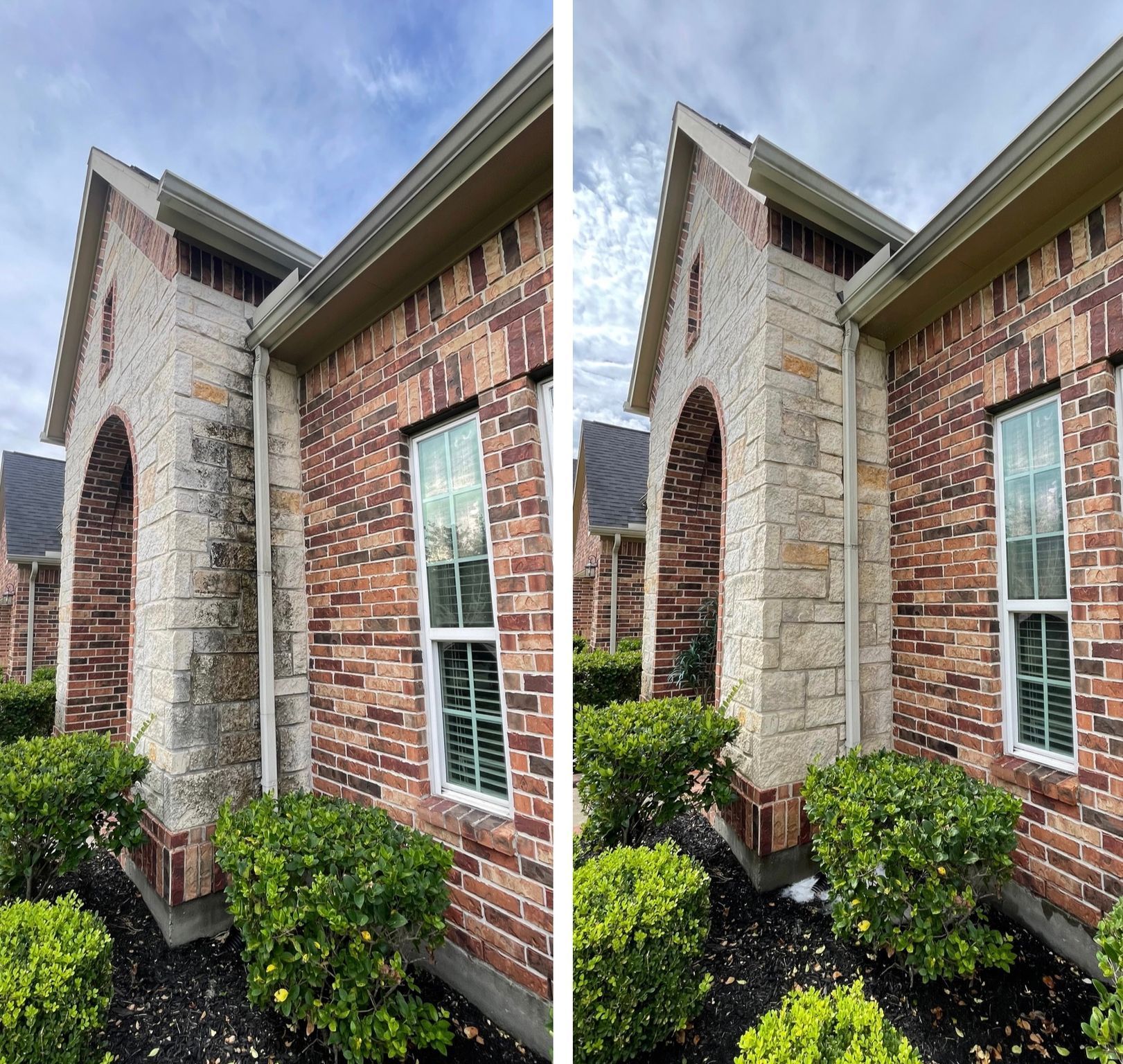 A before and after picture of a brick house with moss on the side.