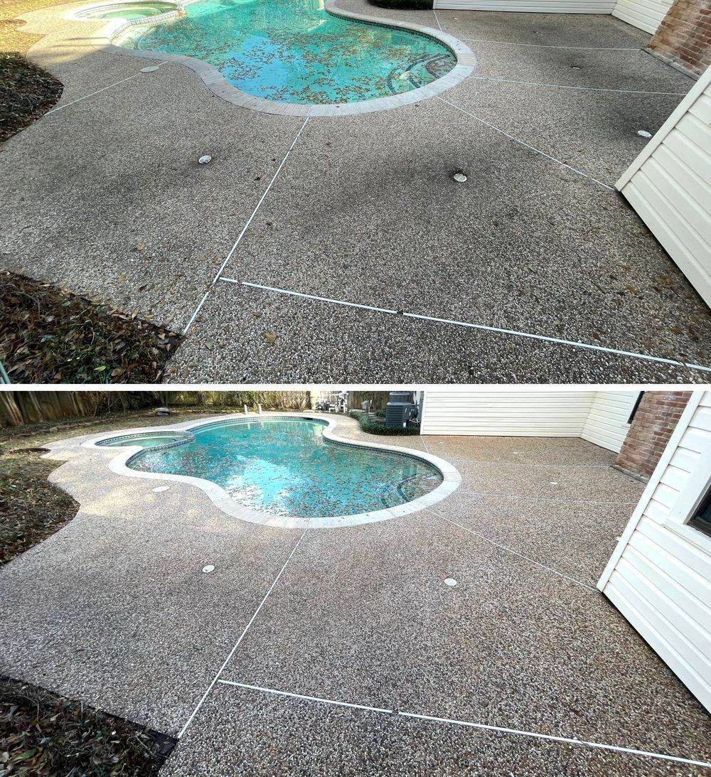 A before and after picture of a concrete patio next to a pool.