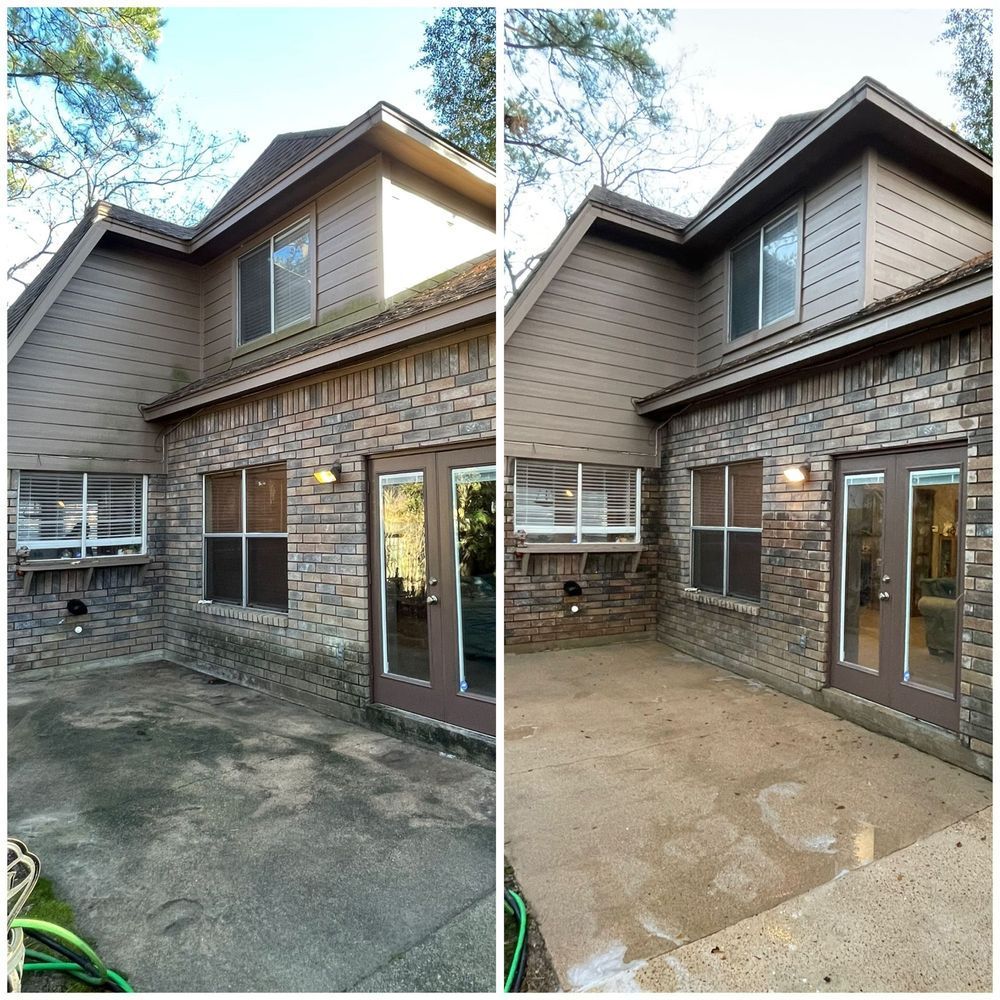 A before and after picture of a brick house with a patio.