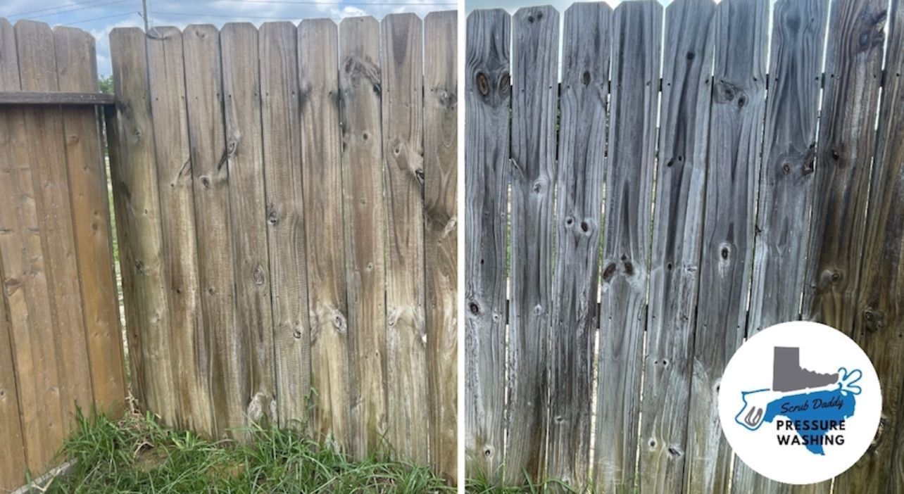 A before and after picture of a wooden fence.