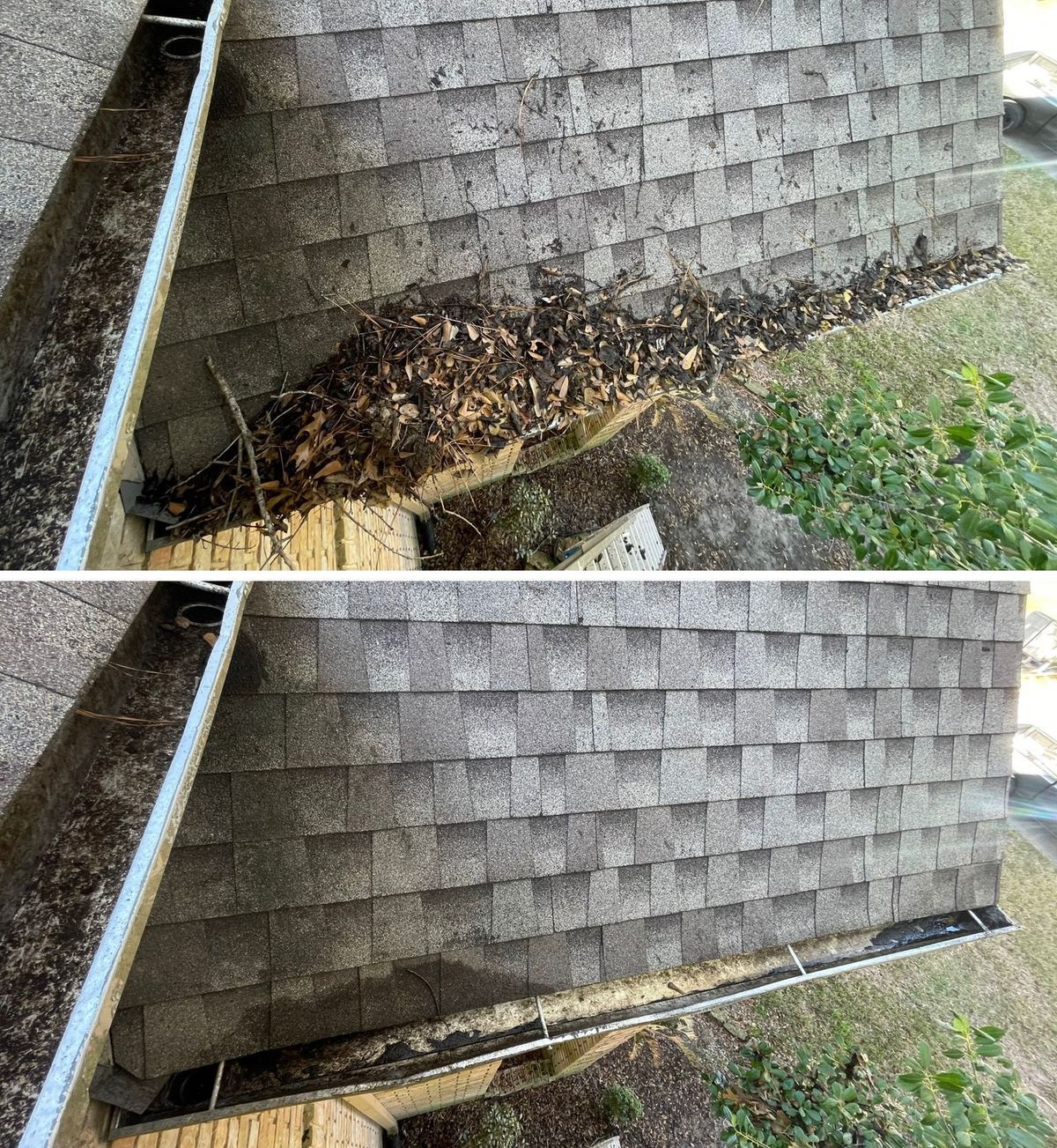 A before and after picture of a gutter on a roof.