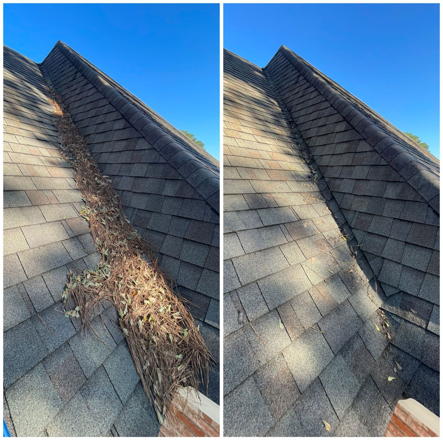 A before and after picture of a roof with leaves on it.