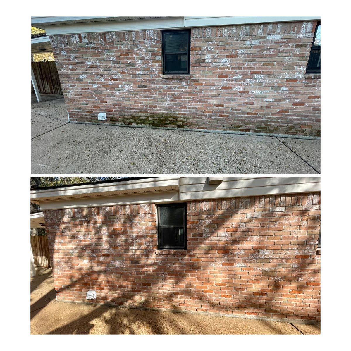 A before and after picture of a brick wall with a window.