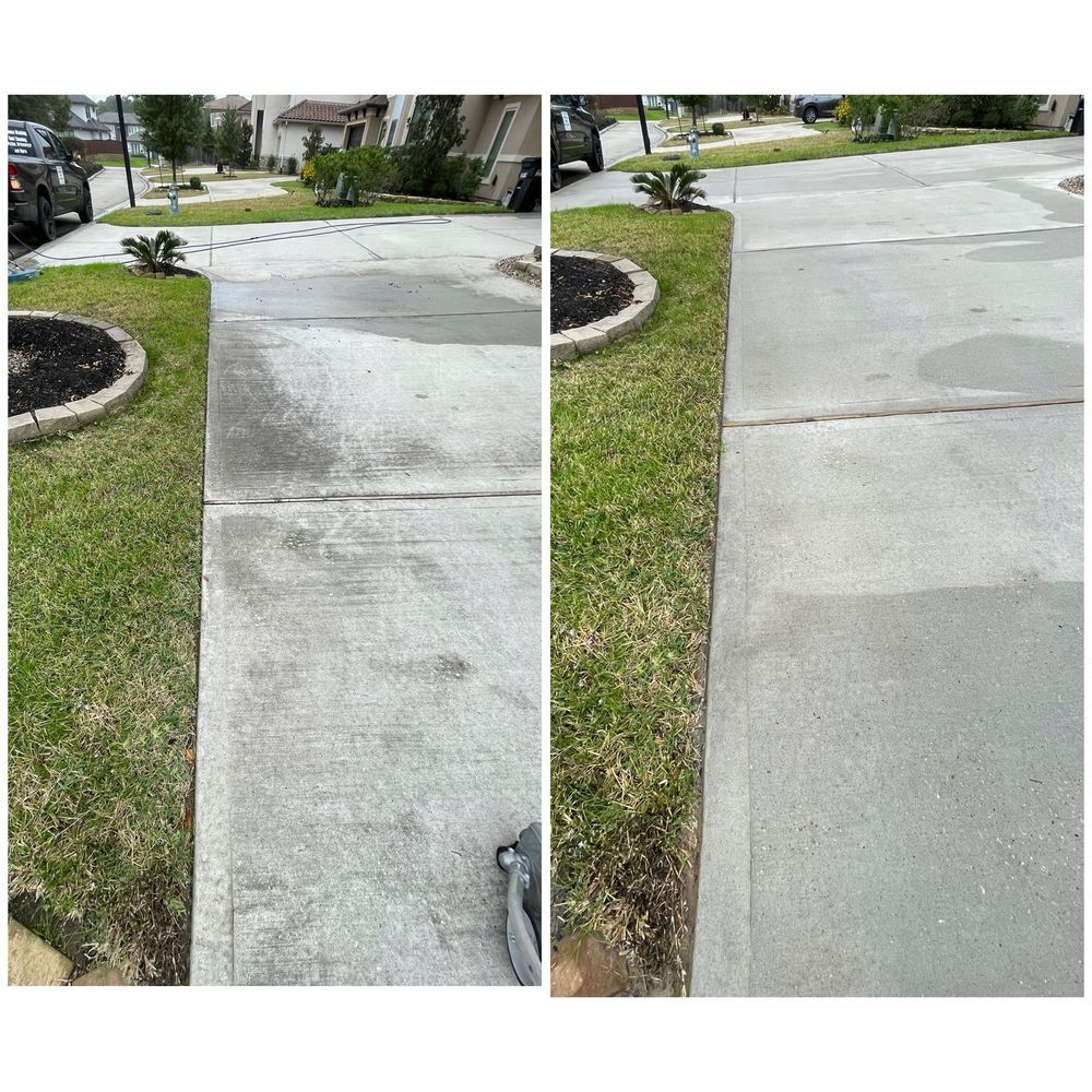 A before and after photo of a concrete sidewalk.