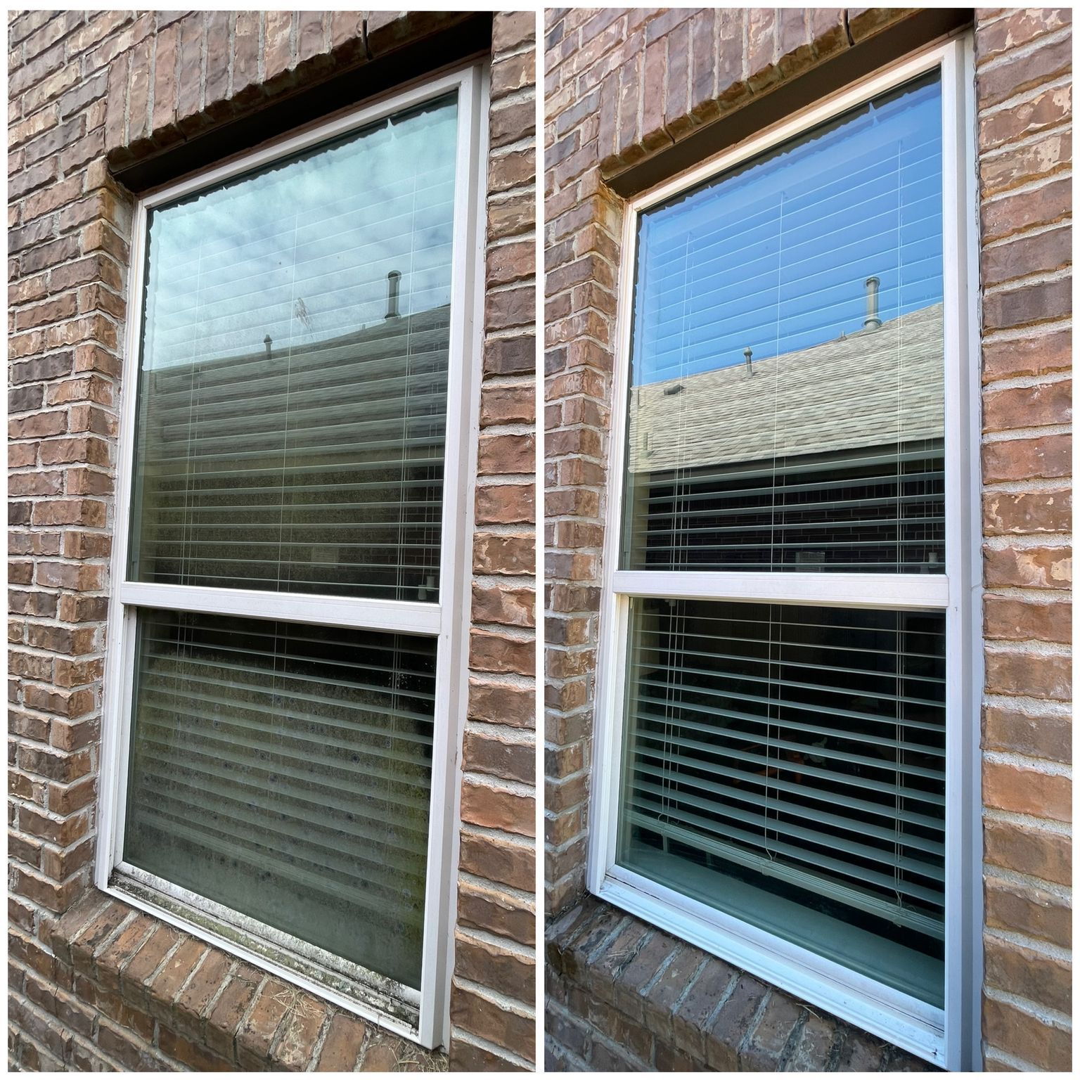 A before and after picture of a window on a brick building.