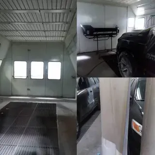 Four-panel image of a car paint booth. Shows a car, parts, and the spray booth's interior with grates and lighting. | Jacobson Body Shop