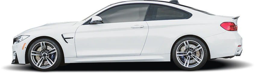 White BMW M4 coupe from the side, showcasing its design and details with a shadow below. | Jacobson Body Shop