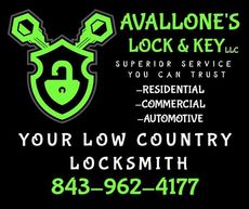 Logo for Avallone's Lock & Key LLC, with green keys, shield, and contact info on black background.